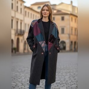 Editions vintage wool trench coat patchwork & velvet buttons closure dark grey